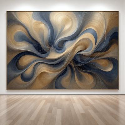 The primary subject of the image is a large, abstract painting displayed on a white wall. The painting features a mix of blue, yellow, and orange colors, creating a vibrant and dynamic visual effect. The setting is a room with a wooden floor, which provides a contrasting backdrop to the painting. The visual style of the image is a combination of artistic expression and digital art, as the painting appears to be a blend of both traditional and modern art techniques. The overall atmosphere of the image is one of creativity and art